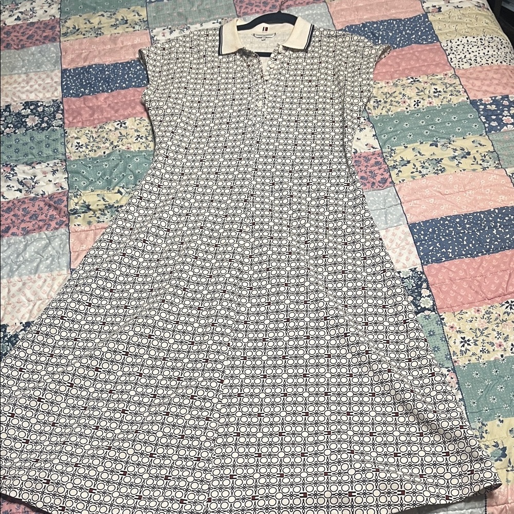 Tommy Hilfiger White and Black Polo-Collar A-Line Midi Dress
